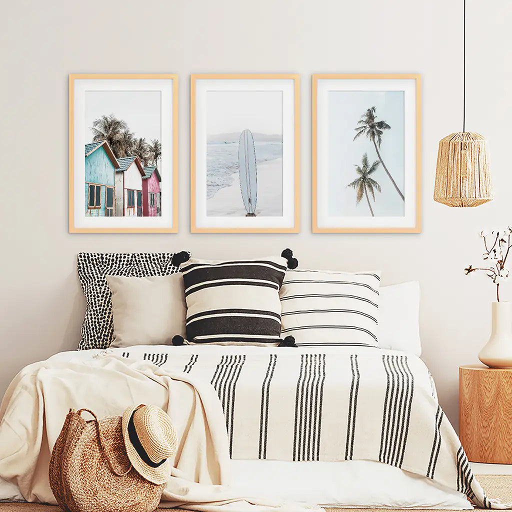 Coastal Beach Set of 3. Surfboard, Palm Trees, Colorful Beach Huts