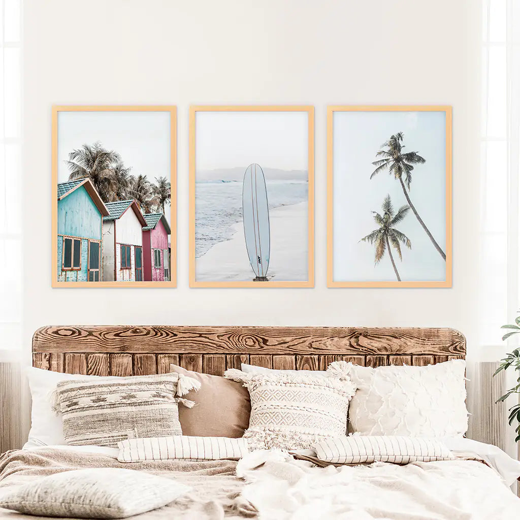 Coastal Beach Set of 3. Surfboard, Palm Trees, Colorful Beach Huts