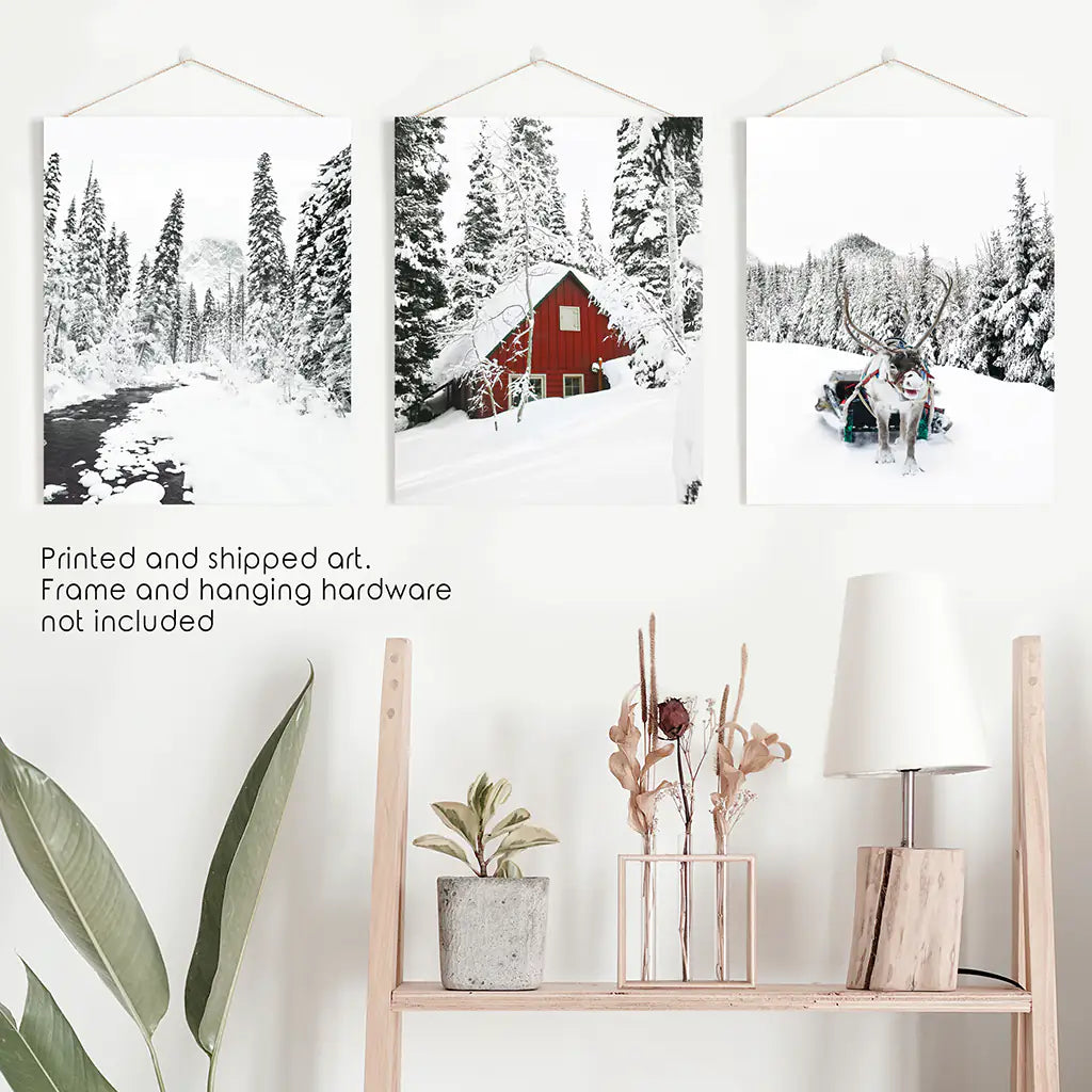 Winter Cabin Set of 3. Snowy Forest River, Red Cabin Landscape