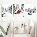 Winter Cabin Set of 3. Snowy Forest River, Red Cabin Landscape