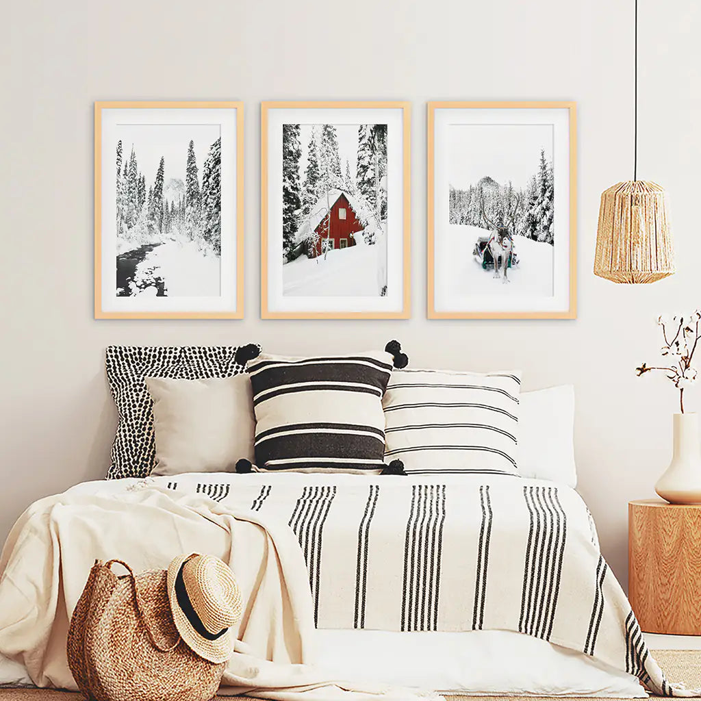 Winter Cabin Set of 3. Snowy Forest River, Red Cabin Landscape