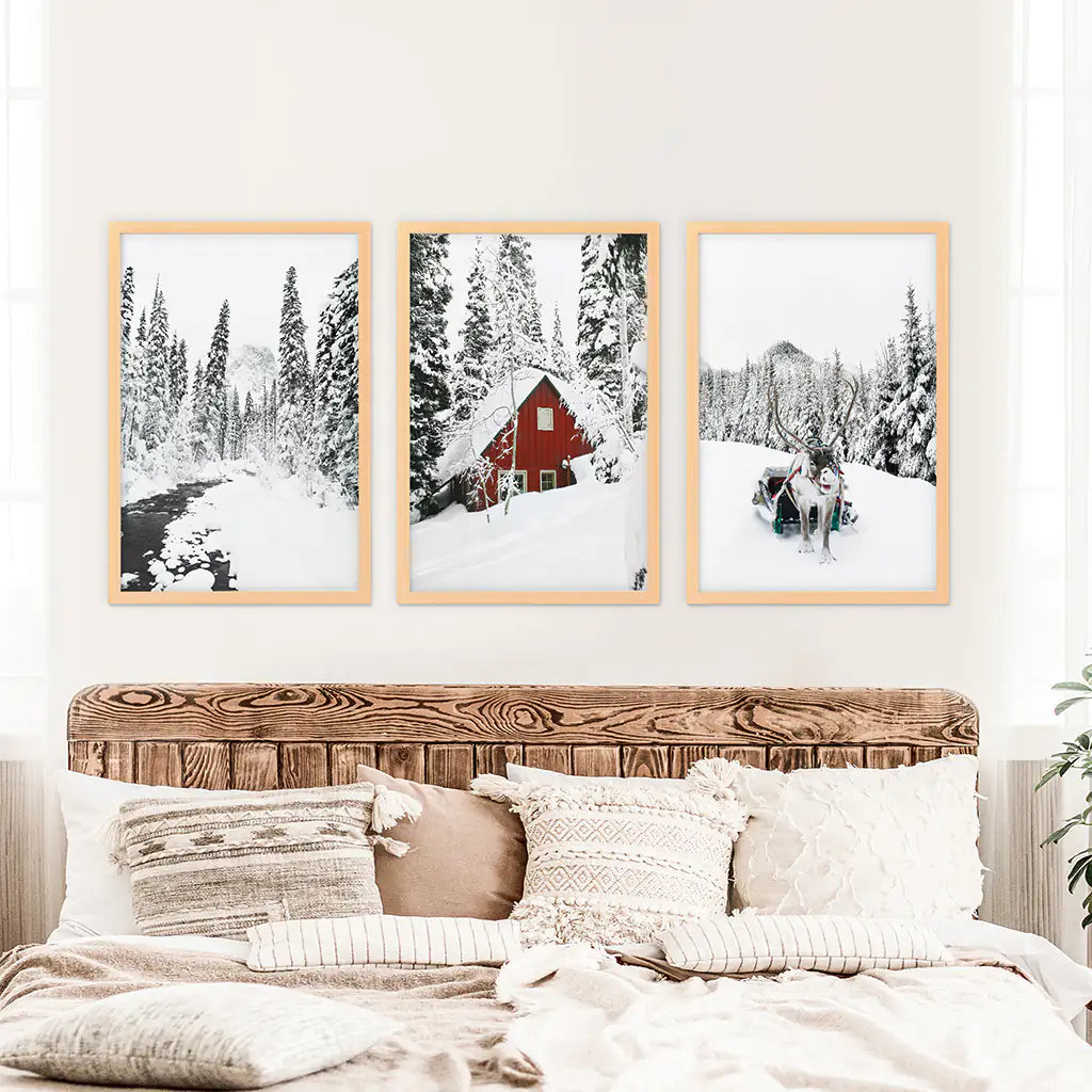 Winter Cabin Set of 3. Snowy Forest River, Red Cabin Landscape