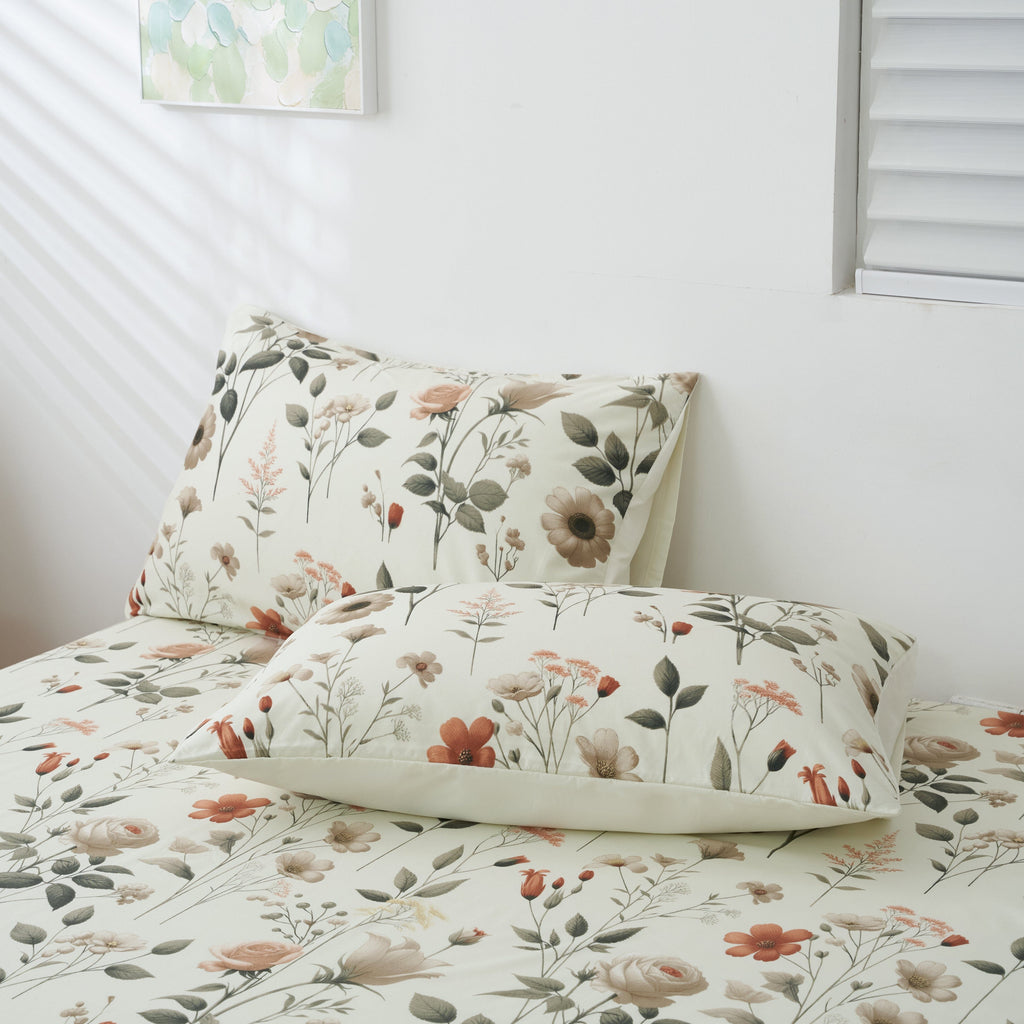 DaDalogy Enchanted Meadow Bed in a bag Set - Victoria Garden Delicate Floral Symphony in Beige, Rose, and Soft Green, Luxuriously Soft Quilted Set