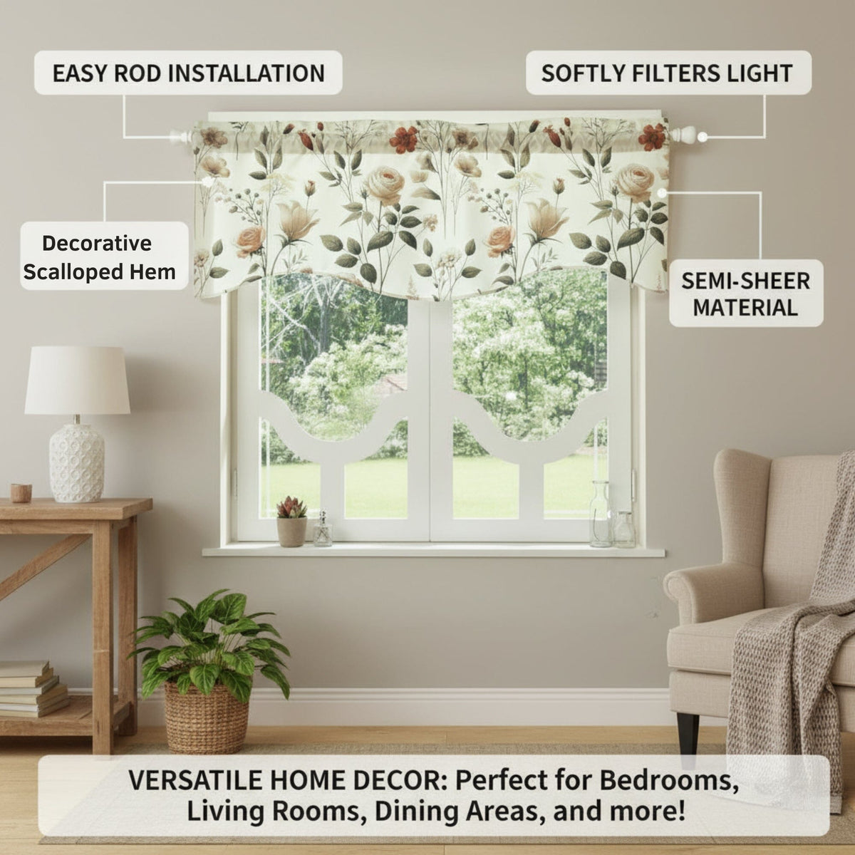 DaDa Enchanted Meadow Floral Sheer Valance – 18 x 52 in