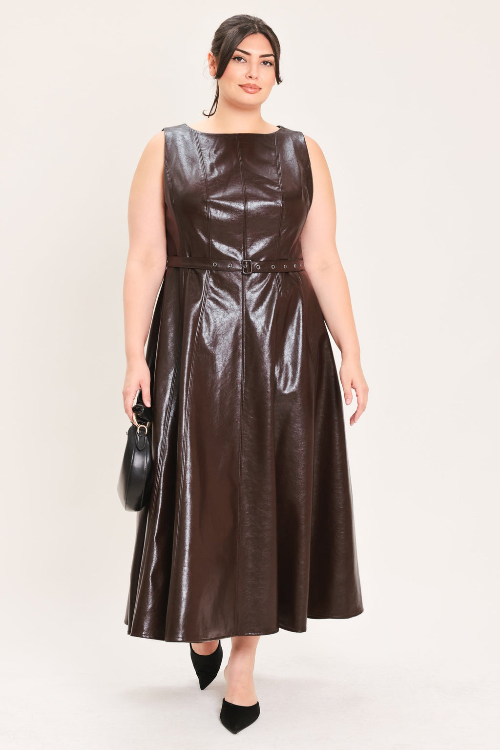 DARK TRUFFLE FAUX LEATHER MIDI DRESS