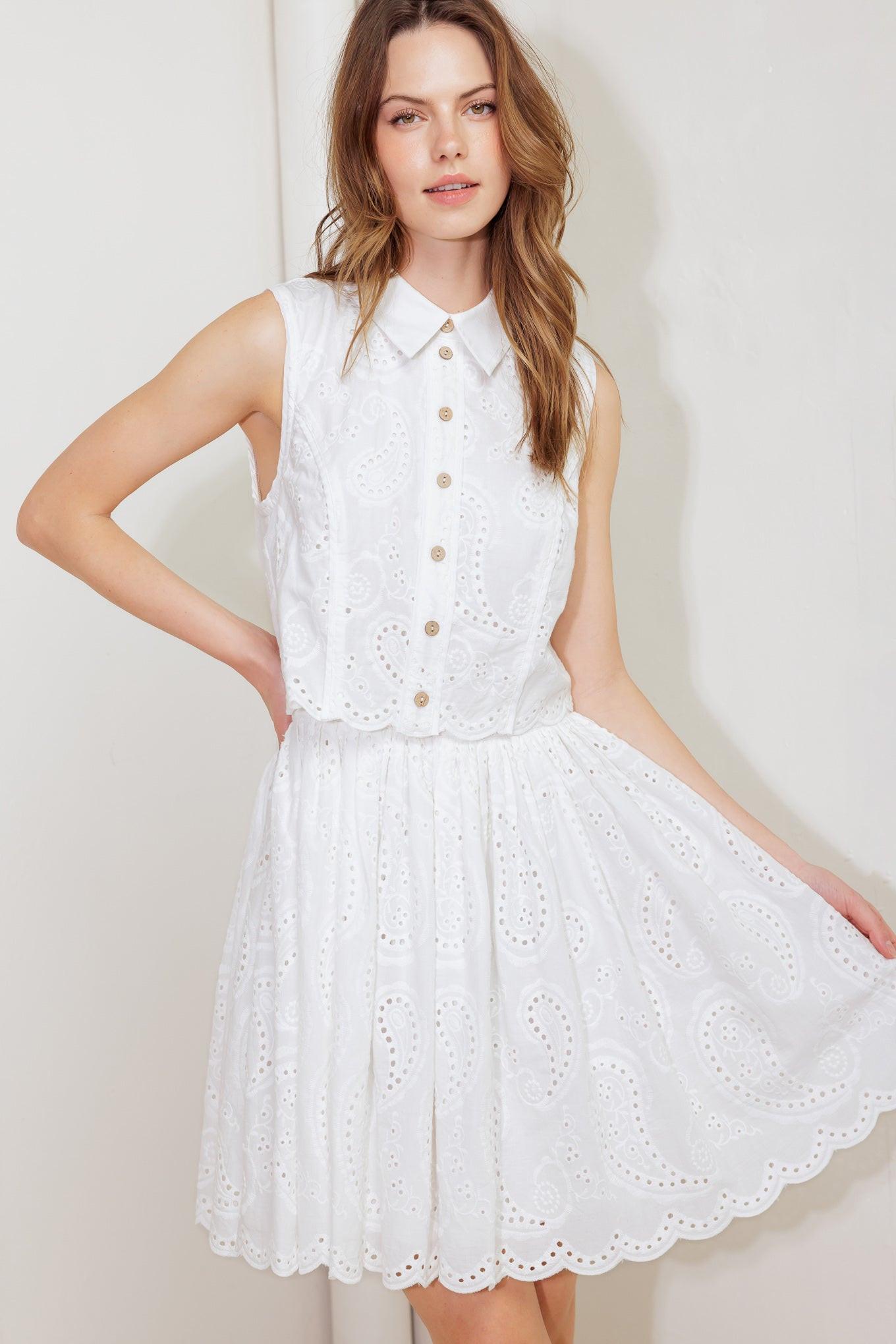 LEAF KISS WHITE WOVEN EYELET MINI DRESS