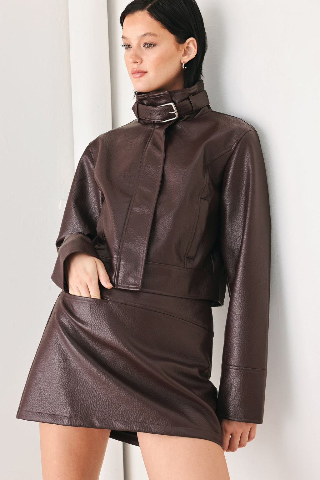 REBEL ROMANCE BUCKLED FAUX LEATHER CROPPED JACKET