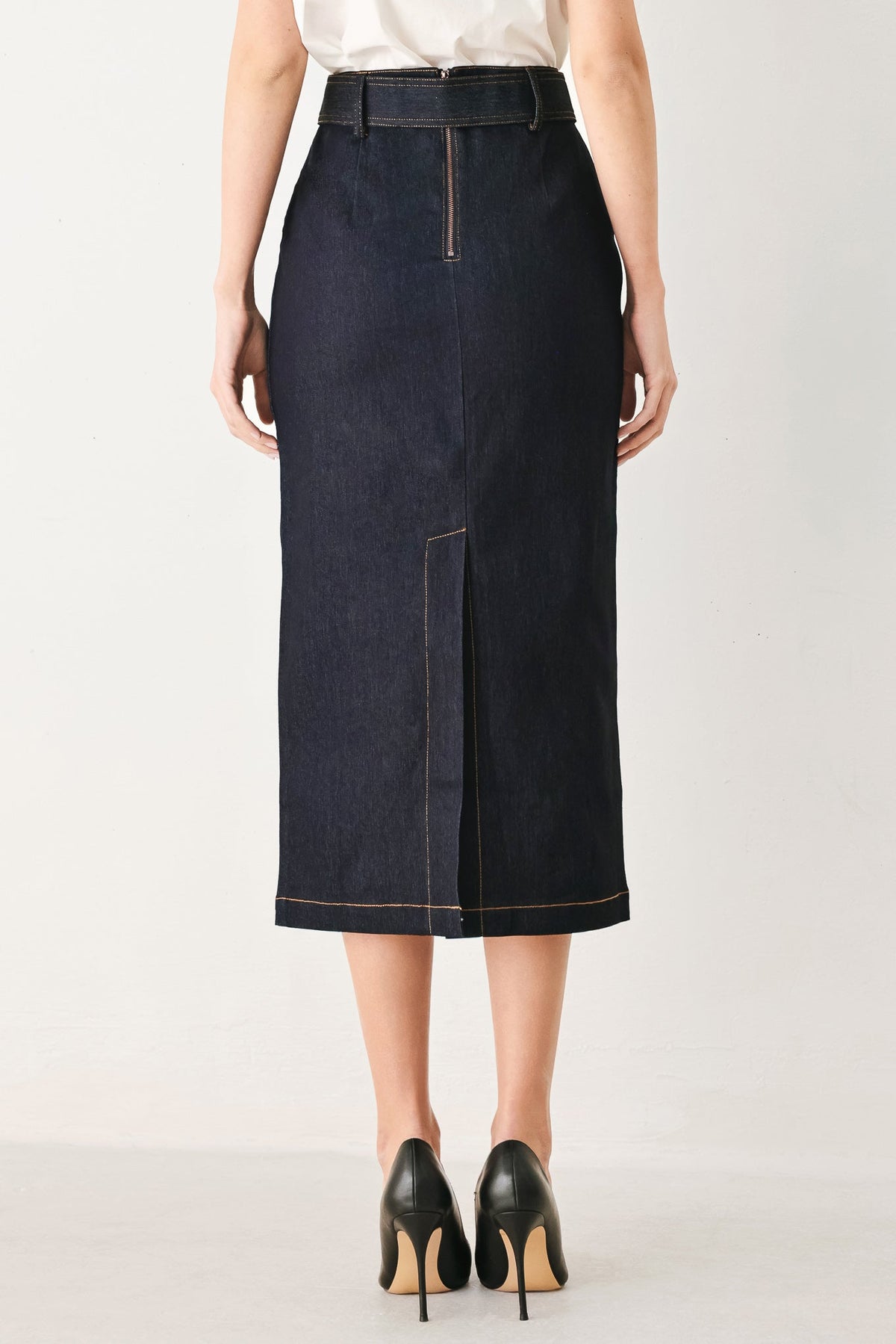 CLASSIC DENIM OFFICE MIDI PENCIL SKIRT