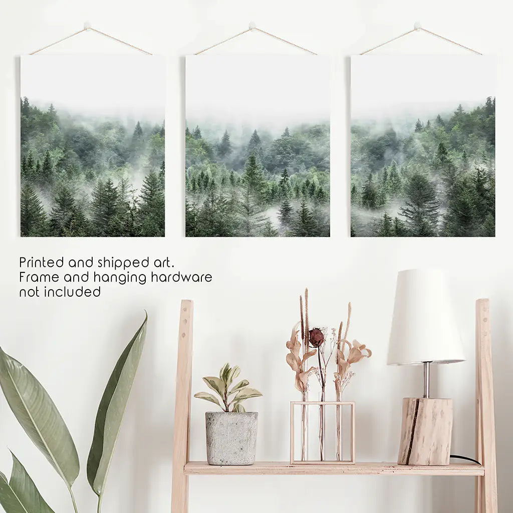 Misty Mountain Forest Set of 3. Evergreen Pine Trees Nature Decor