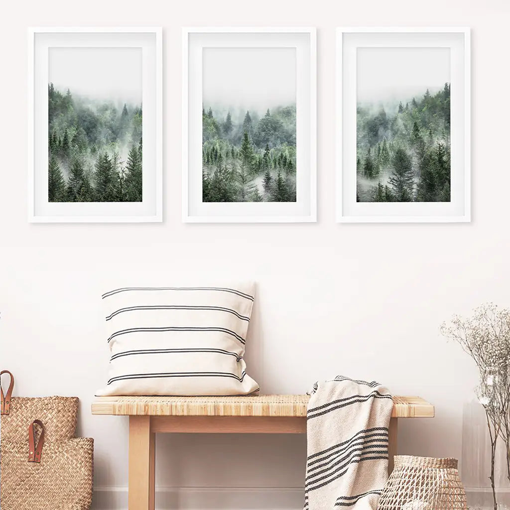 Misty Mountain Forest Set of 3. Evergreen Pine Trees Nature Decor