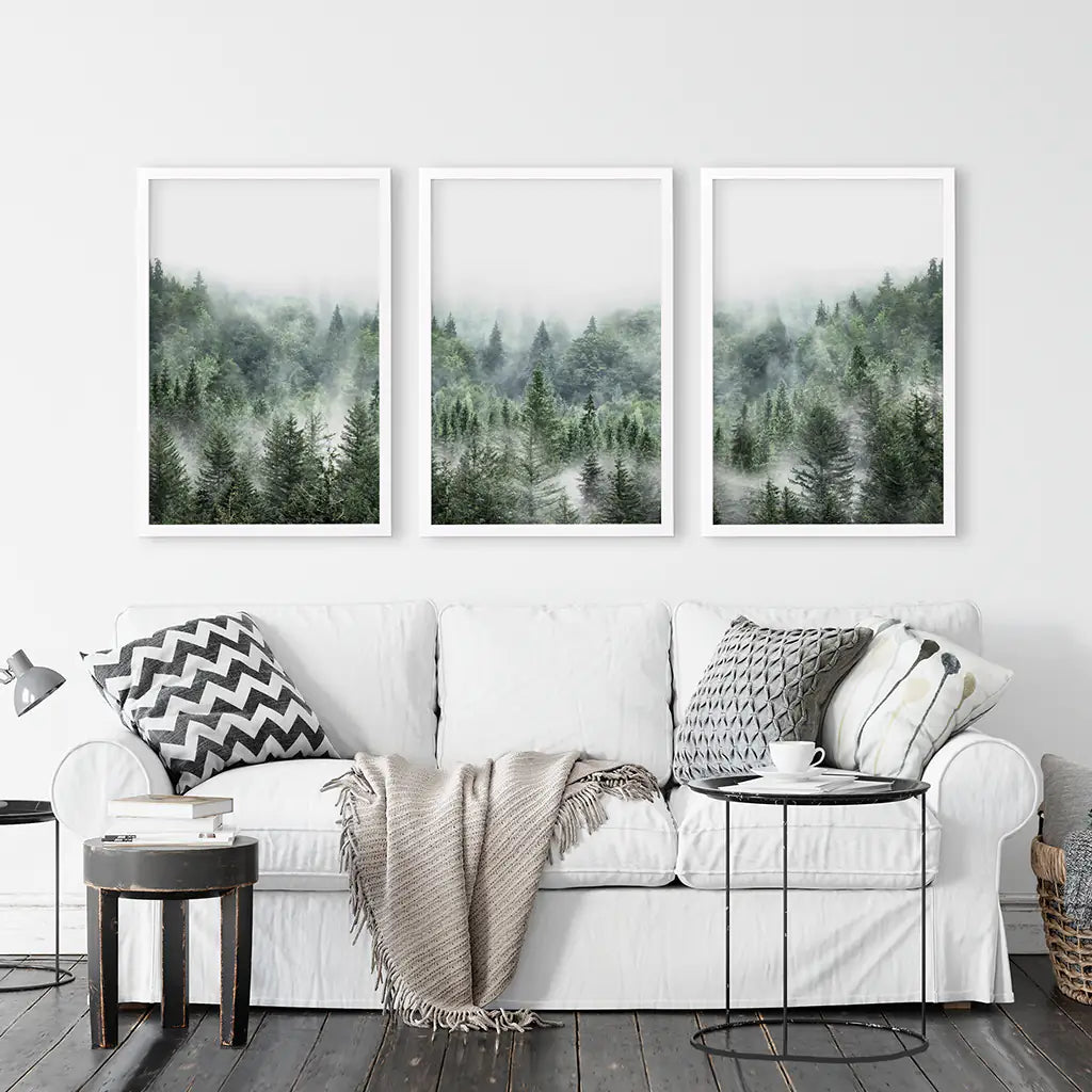 Misty Mountain Forest Set of 3. Evergreen Pine Trees Nature Decor