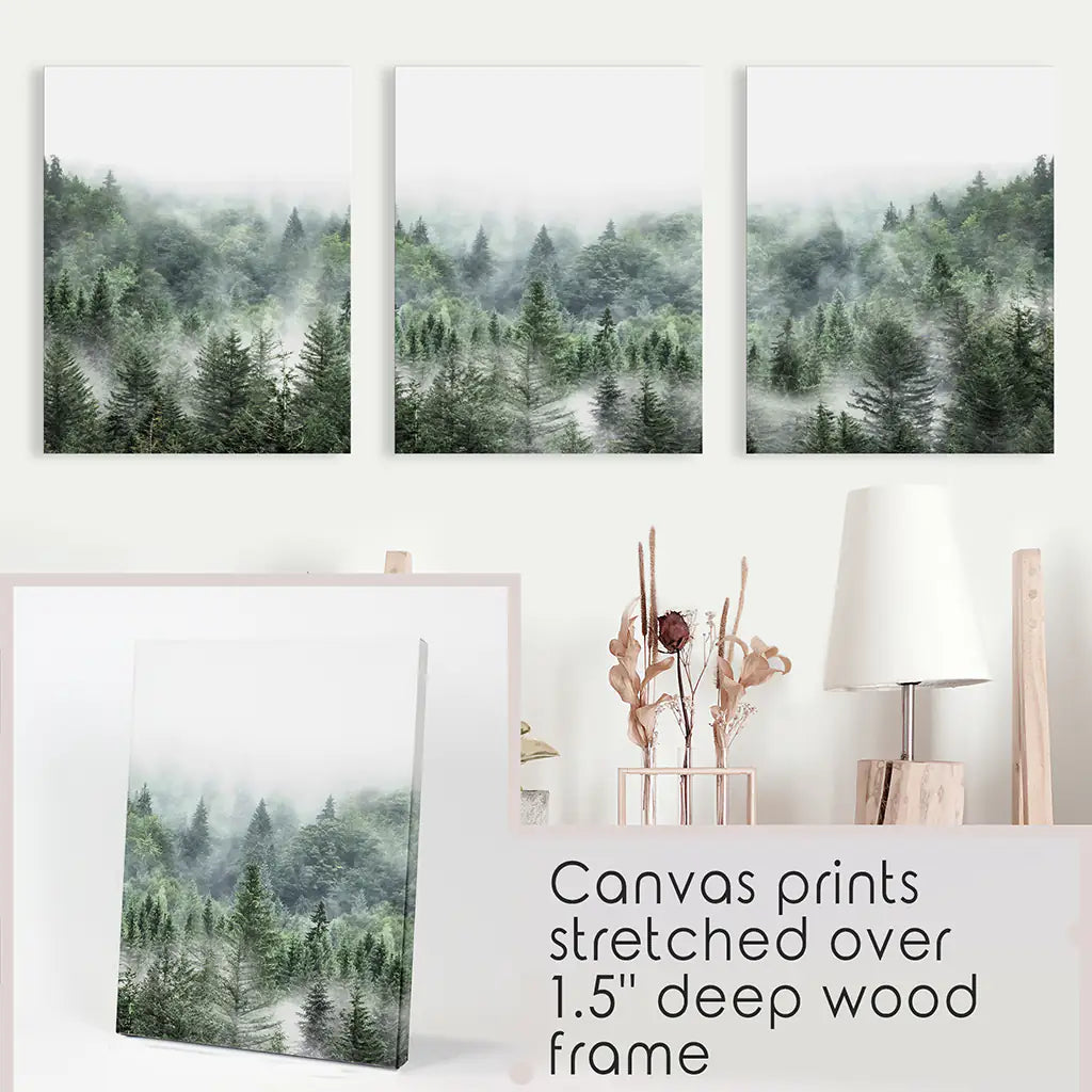 Misty Mountain Forest Set of 3. Evergreen Pine Trees Nature Decor