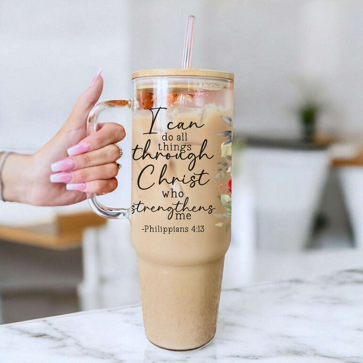 Floral Bible Verse Glass Cup with Lid and Straw