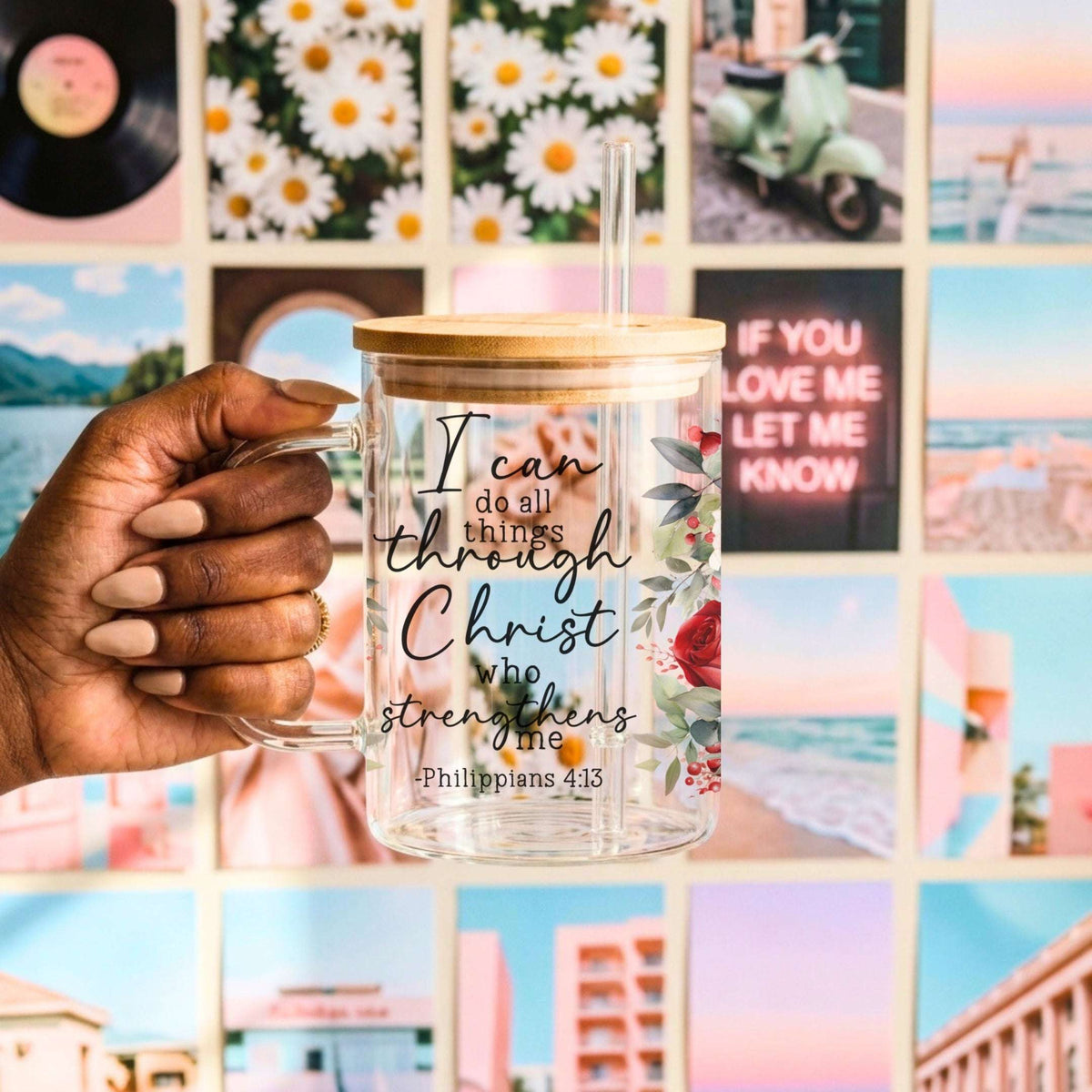 Floral Bible Verse Glass Cup with Lid and Straw