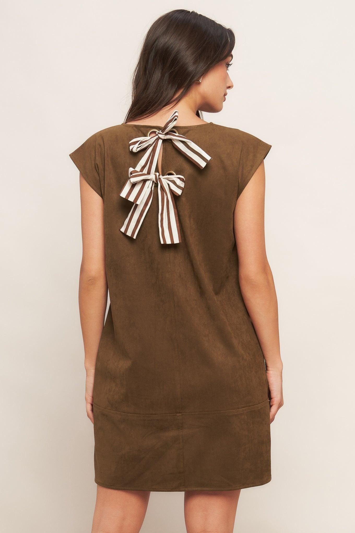 QUIET LUXURY EDGE FAUX SUEDE MIDI SHIFT DRESS