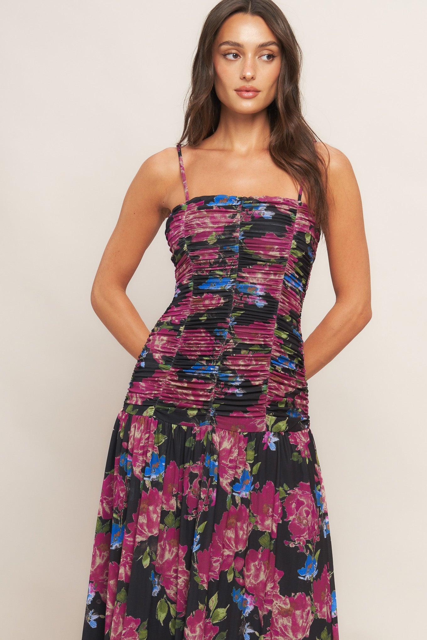 NIGHT FLORIST POWER MESH MAXI DRESS