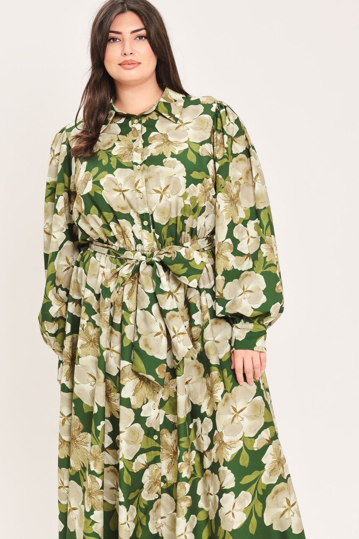 EVERGREEN CAMELLIA DREAM WOVEN MIDI SHIRT DRESS