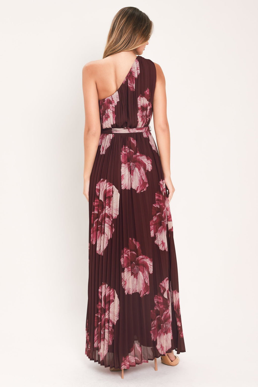 CRIMSON AFFAIR BURGUNDY PLEATED ONE-SHOULDER MAXI DRESS