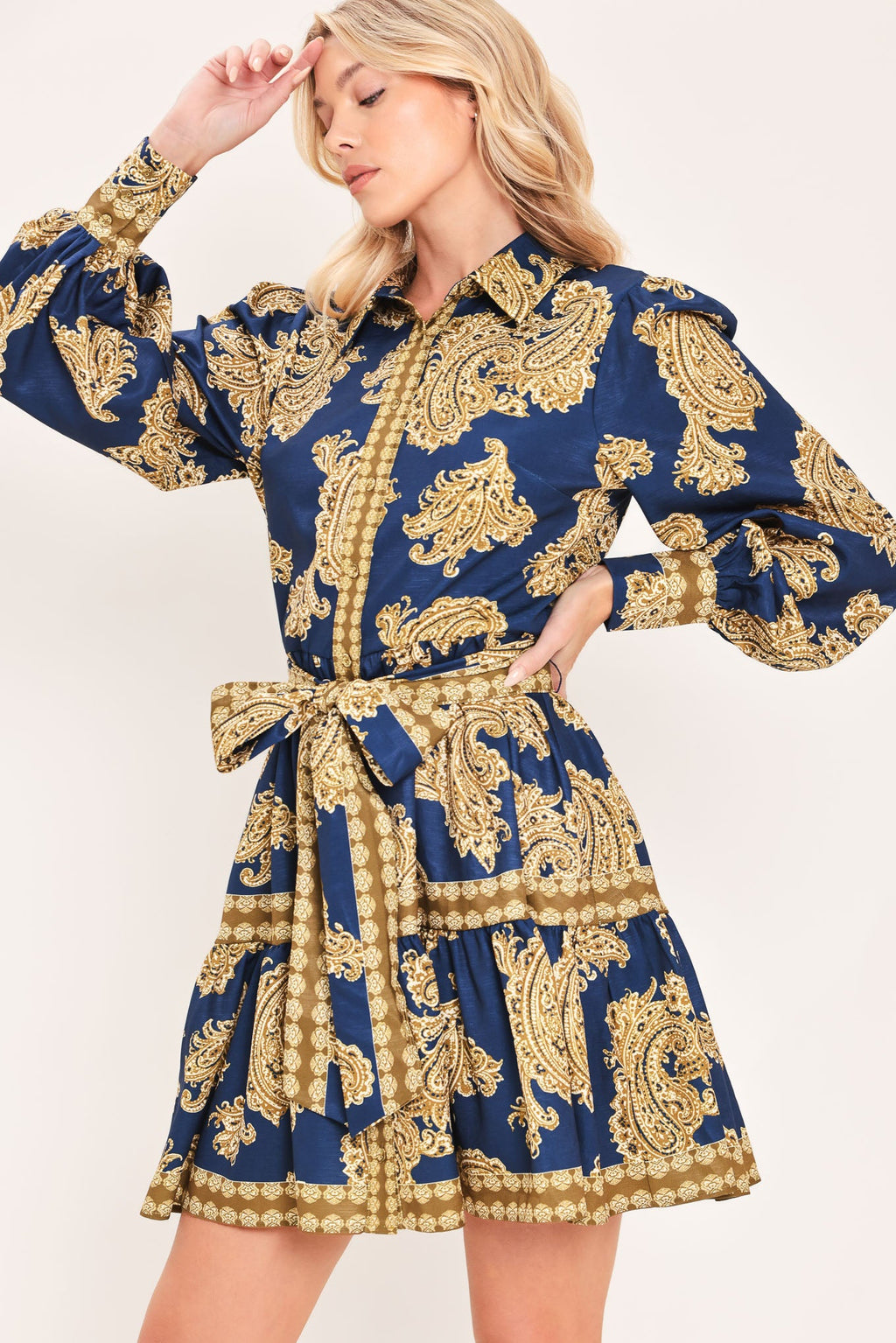 SAPPHIRE ORNAMENT WOVEN MINI SHIRT DRESS