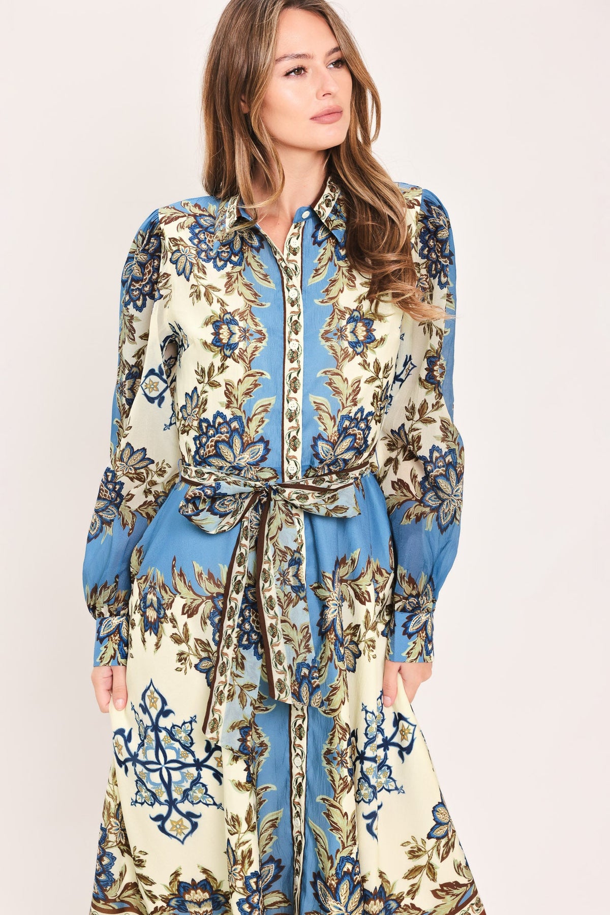 SKYBORNE ORNAMENTAL GRACE WOVEN MIDI SHIRT DRESS