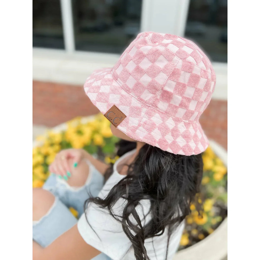 Checkered Pattern Terry Cloth C.C Bucket Hat for Women