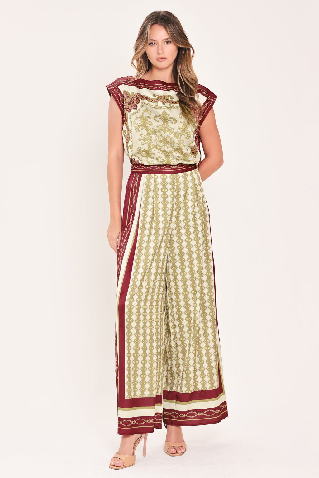 VINTAGE VINE BURGUNDY PRINTED WIDE-LEG PANTS
