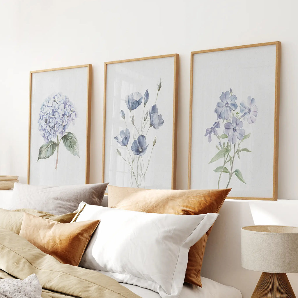 Watercolor Blue Flowers.Wall Art Set of 3 Piece