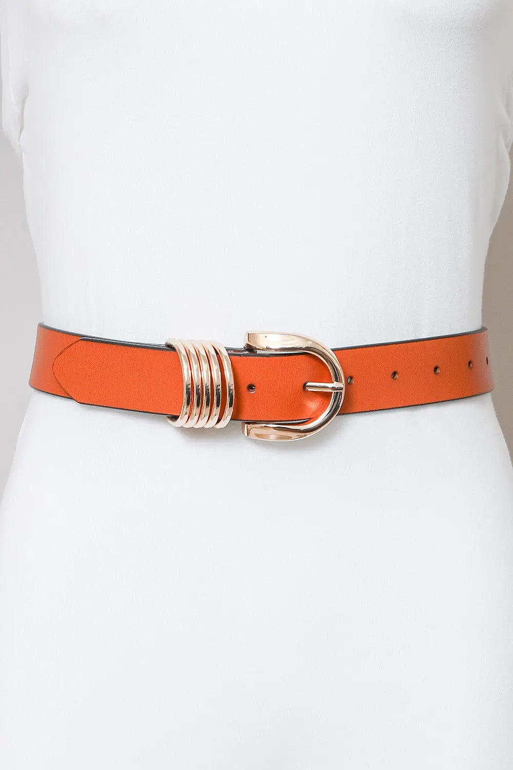 Camel Leather Belt – Gold Buckle & Accent Ring Detail