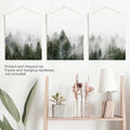 Foggy Pine Forest Set of 3. Serene Evergreen Mountain Decor