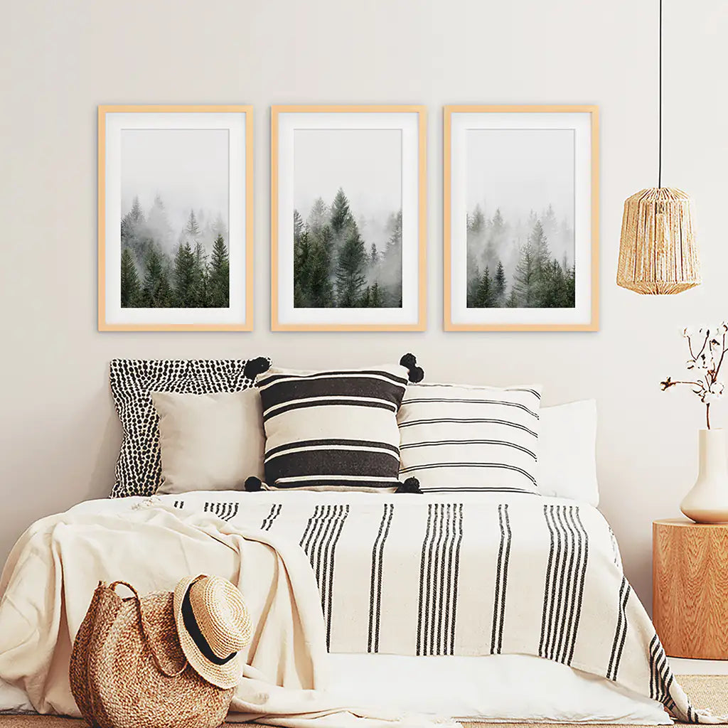Foggy Pine Forest Set of 3. Serene Evergreen Mountain Decor