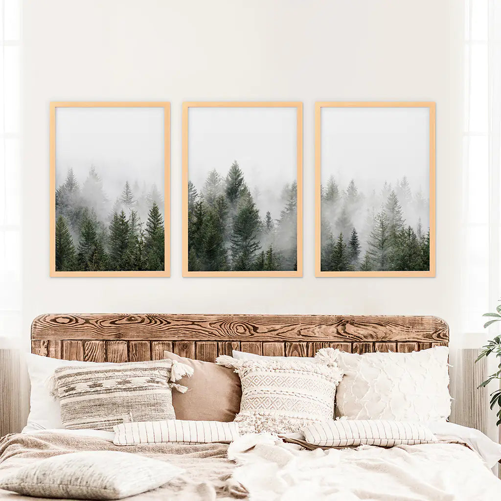 Foggy Pine Forest Set of 3. Serene Evergreen Mountain Decor