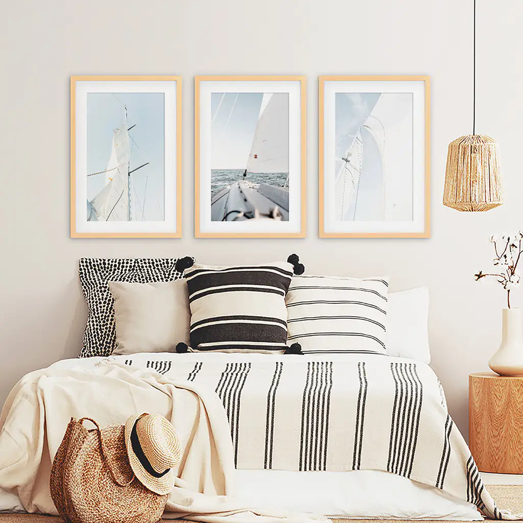 Coastal Sailboat Wall Art Set of 3. Nautical Ocean Sailing Prints