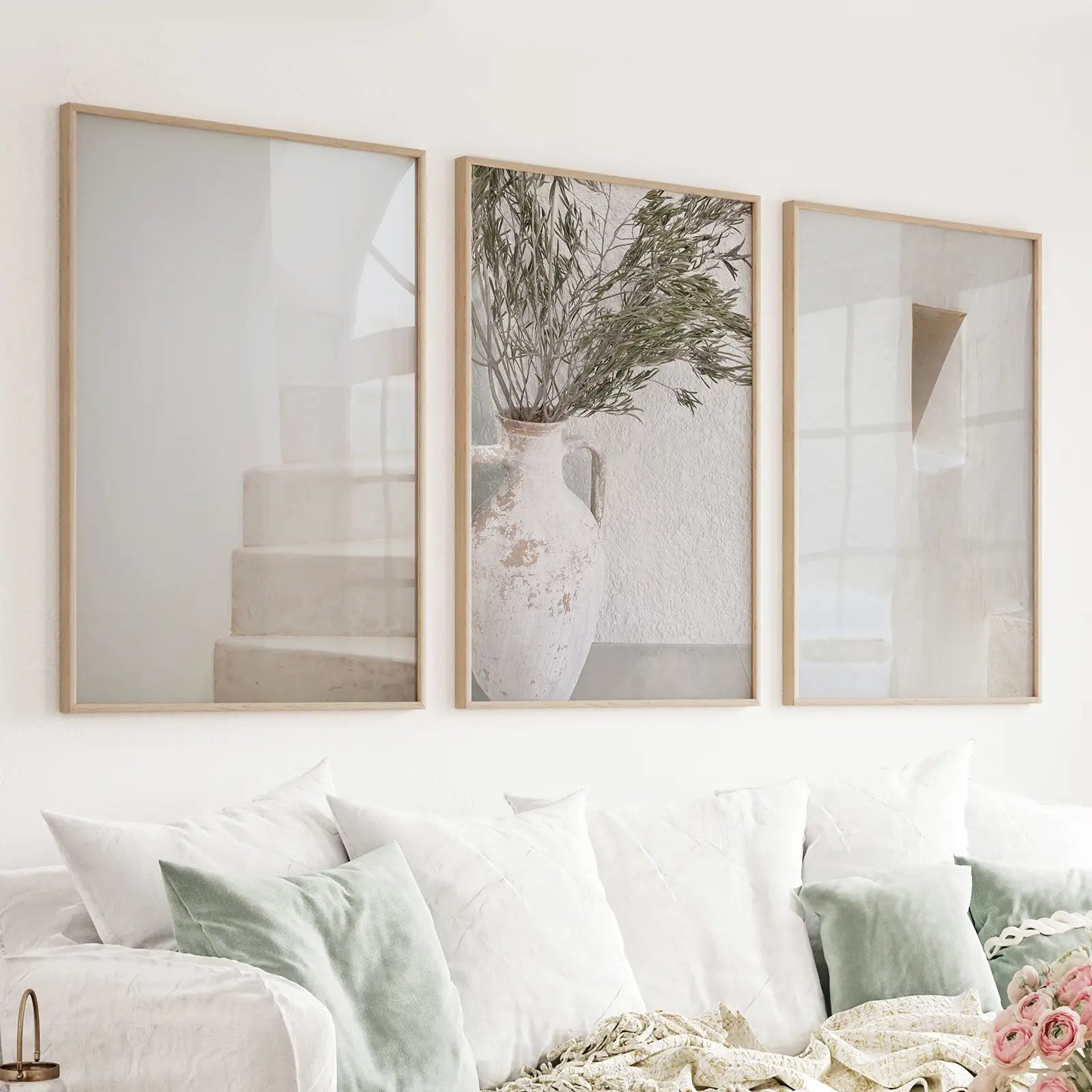 Neutral Minimalist Set of 3. Olive Branch Vase, Architectural Prints