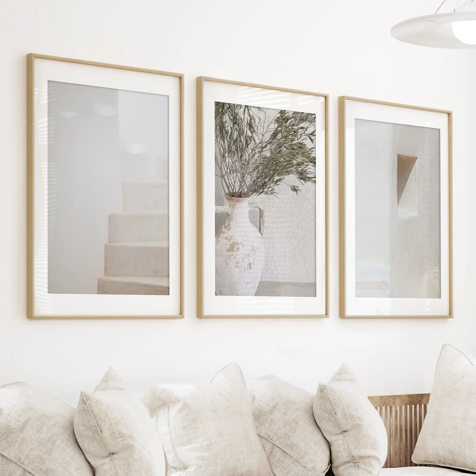 Neutral Minimalist Set of 3. Olive Branch Vase, Architectural Prints