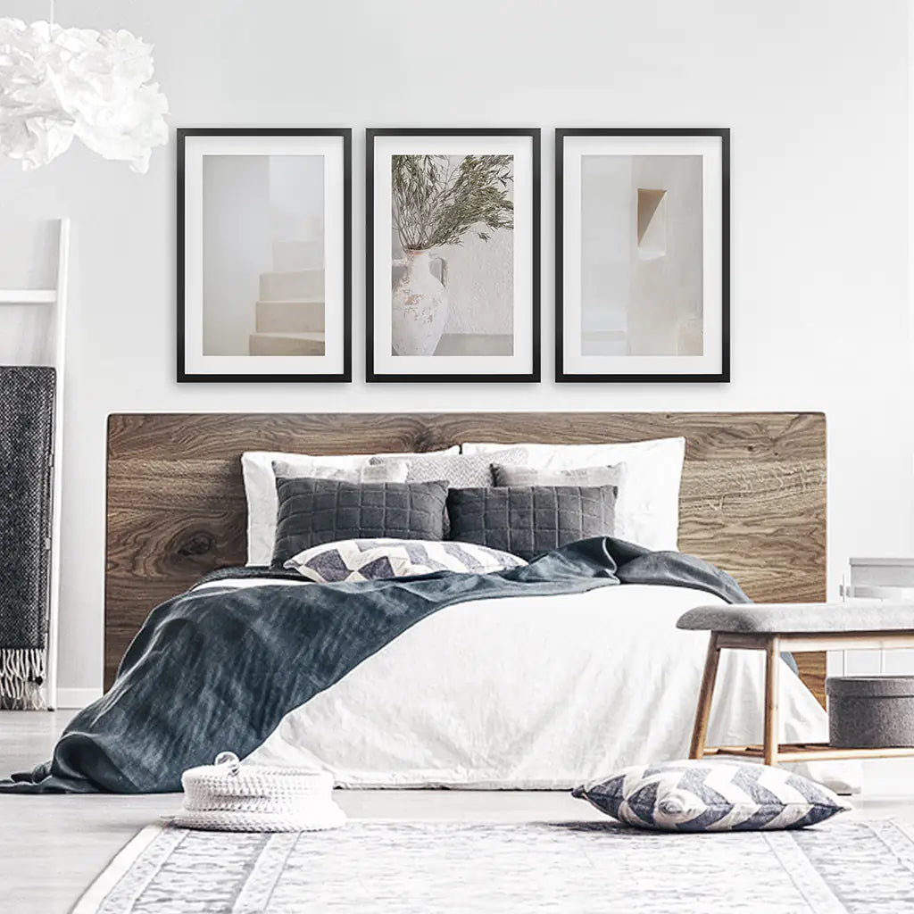 Neutral Minimalist Set of 3. Olive Branch Vase, Architectural Prints