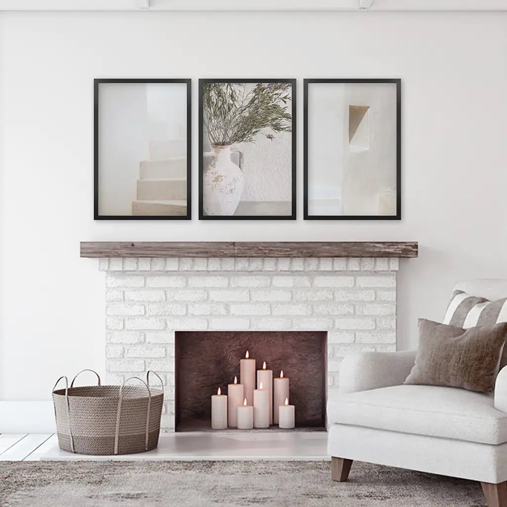 Neutral Minimalist Set of 3. Olive Branch Vase, Architectural Prints