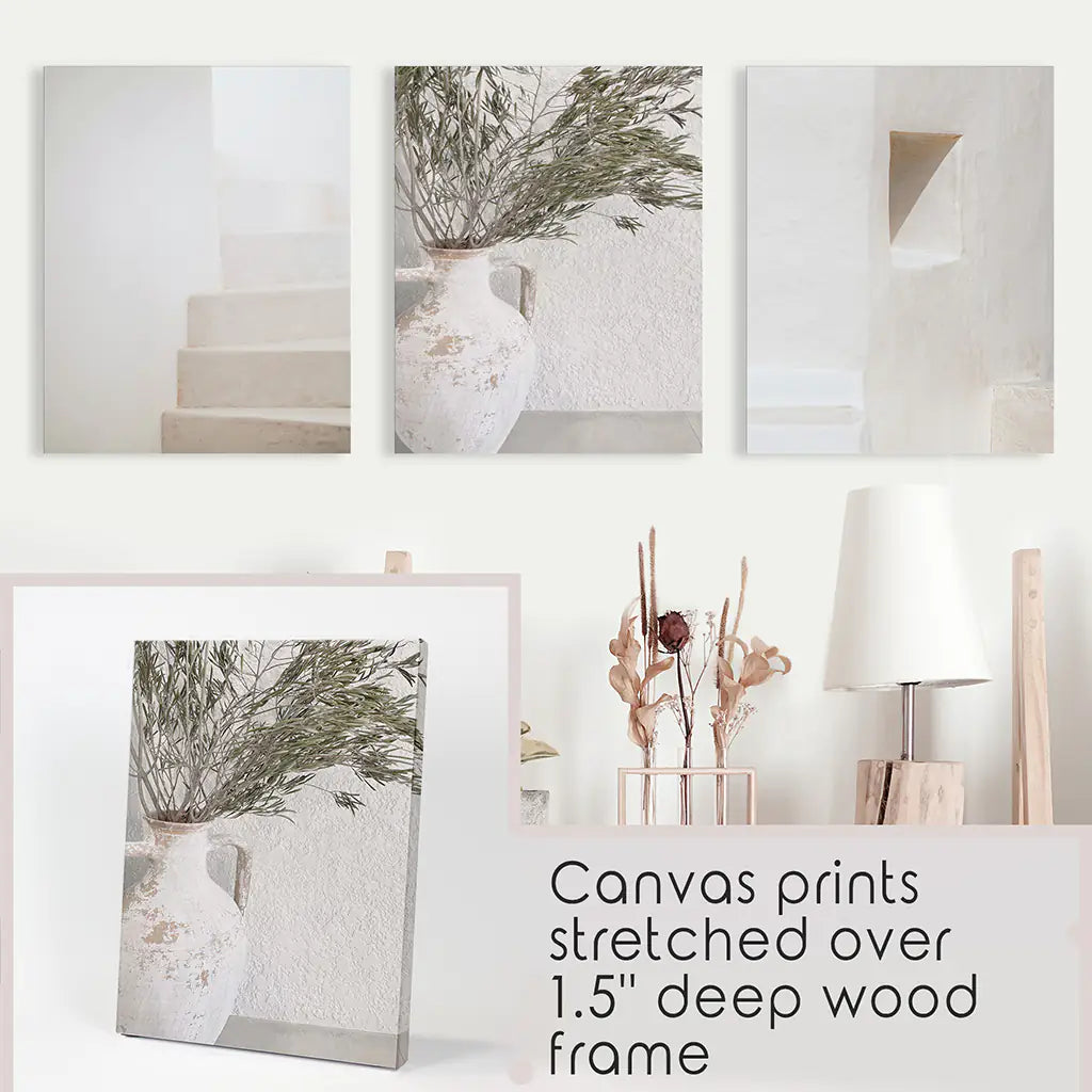 Neutral Minimalist Set of 3. Olive Branch Vase, Architectural Prints