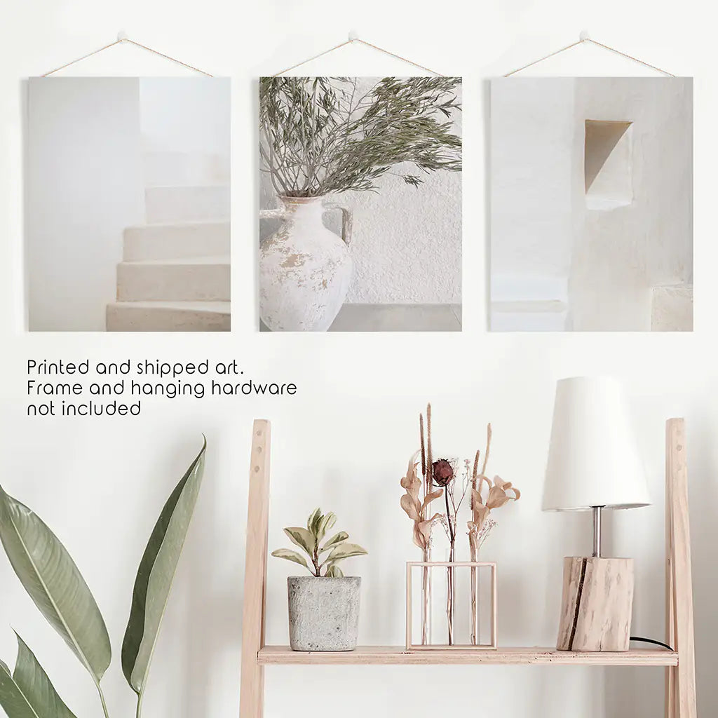 Neutral Minimalist Set of 3. Olive Branch Vase, Architectural Prints