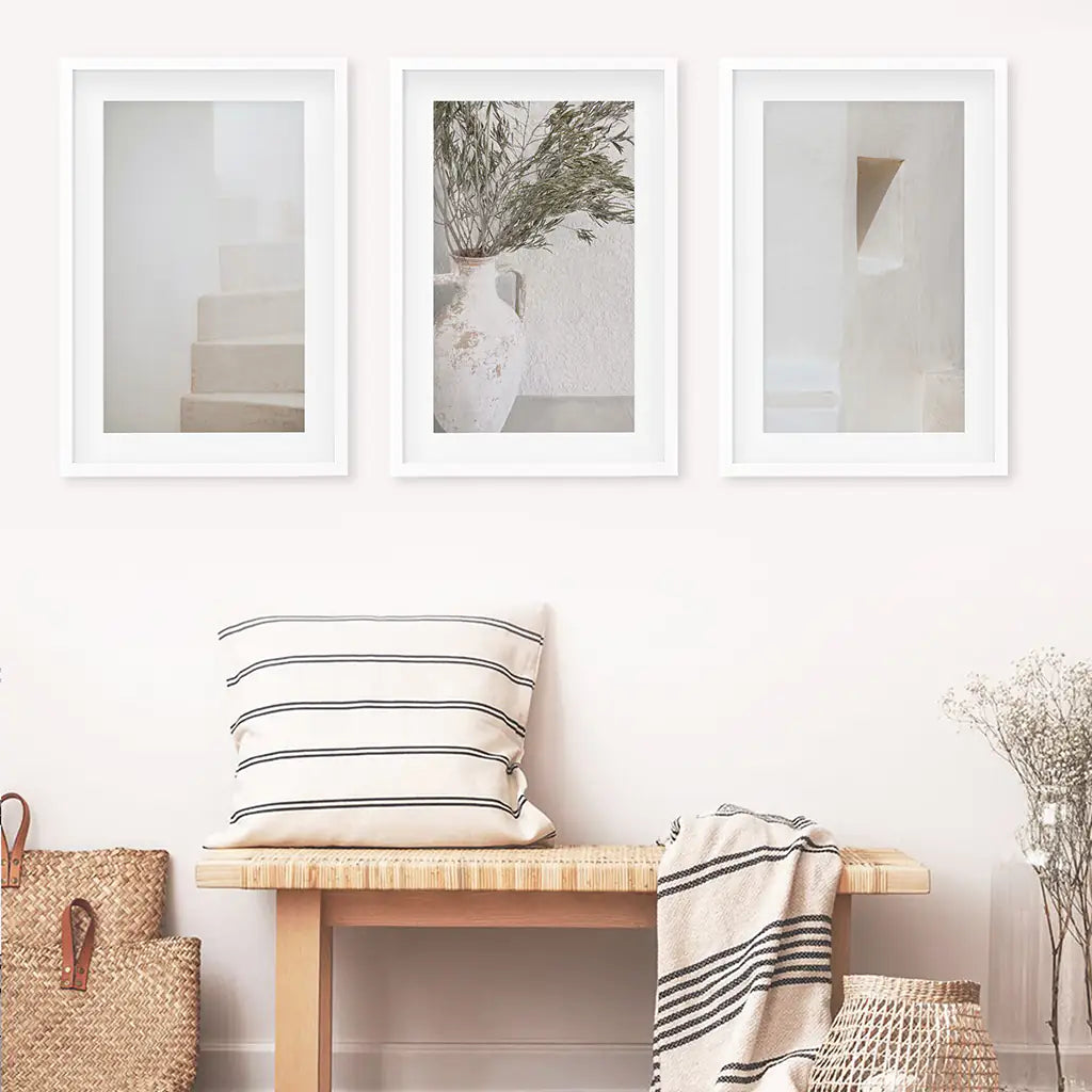 Neutral Minimalist Set of 3. Olive Branch Vase, Architectural Prints