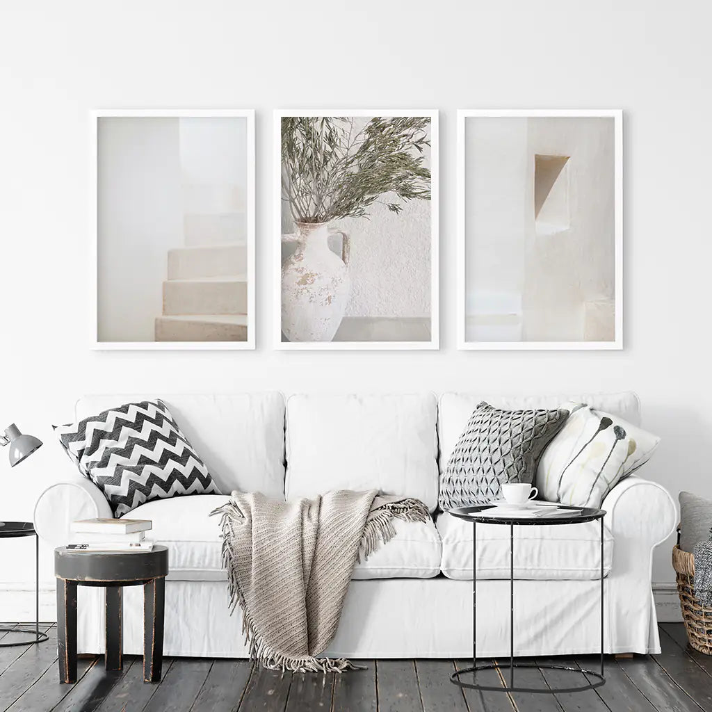 Neutral Minimalist Set of 3. Olive Branch Vase, Architectural Prints