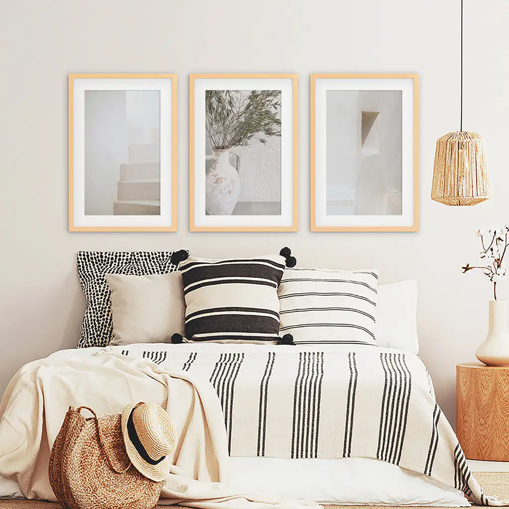 Neutral Minimalist Set of 3. Olive Branch Vase, Architectural Prints
