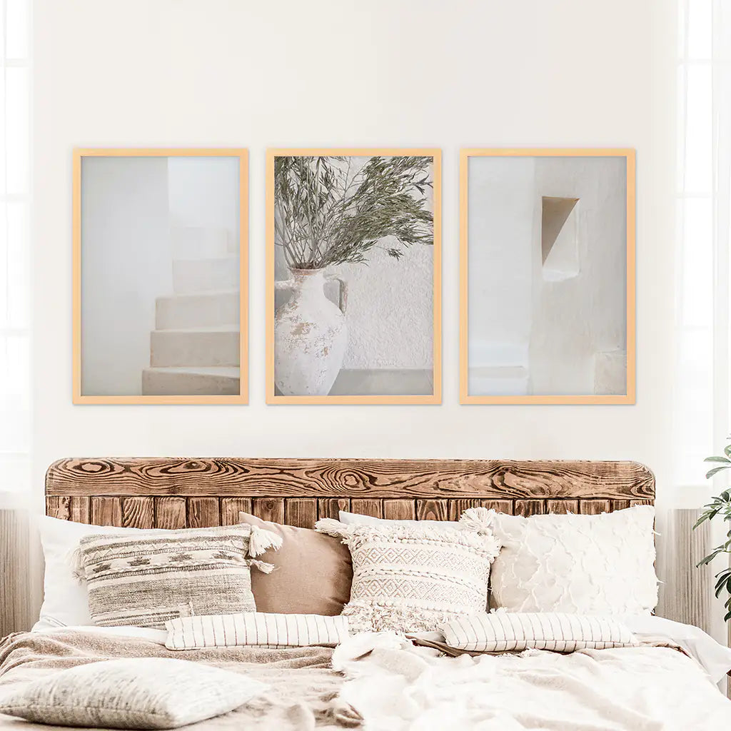 Neutral Minimalist Set of 3. Olive Branch Vase, Architectural Prints