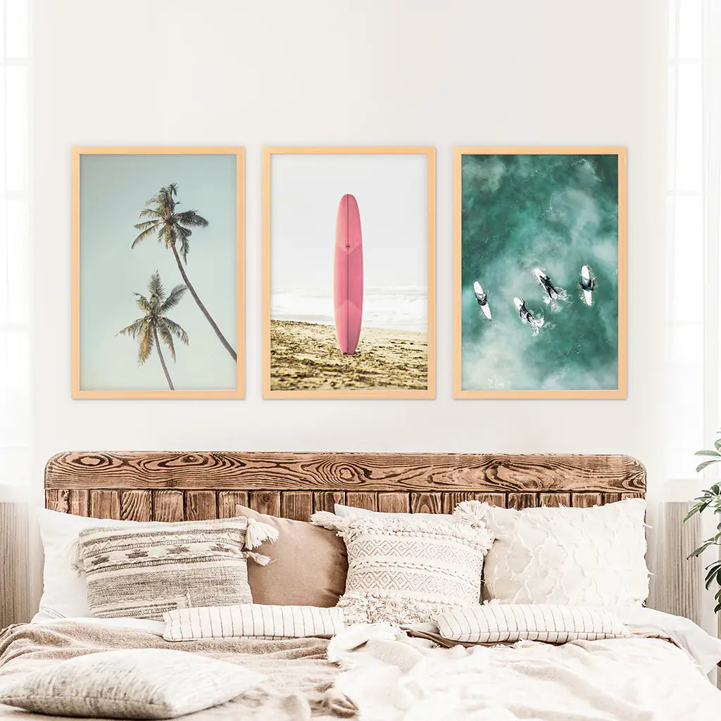 Pink Surfboard Wall Art. Pastel Beach, Waves, Tropical Palms
