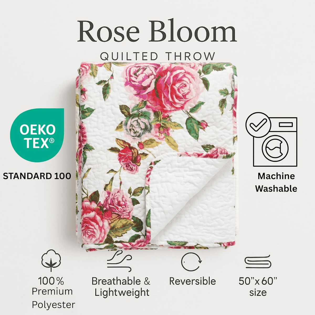 DaDa Romantic Roses Quilted Throw Blanket – 50 x 60 in
