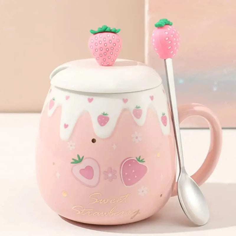 Pink Strawberry Mug With Lid & Spoon