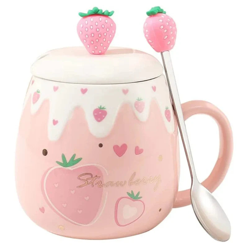 Pink Strawberry Mug With Lid & Spoon