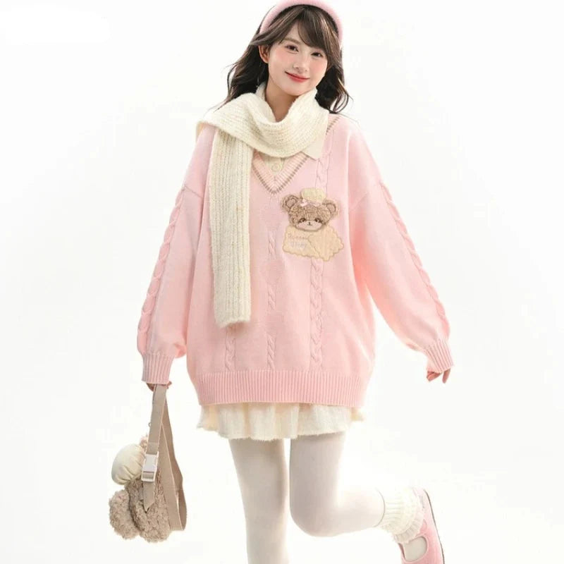 Cute Cookie Bear V-Neck Sweater