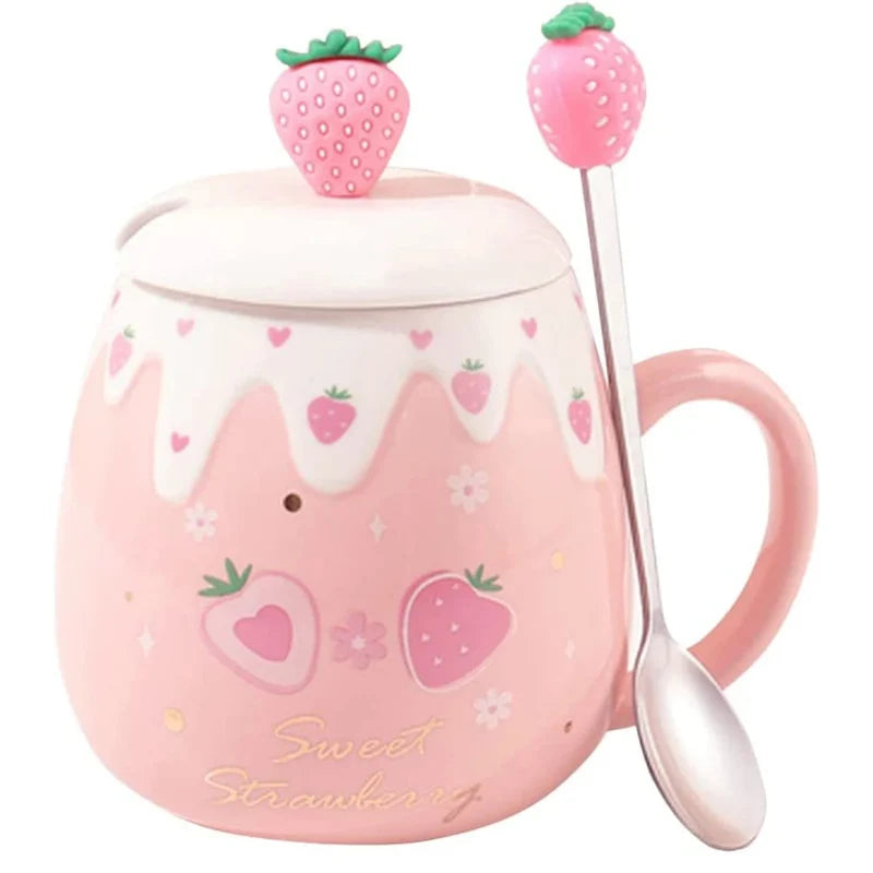 Pink Strawberry Mug With Lid & Spoon