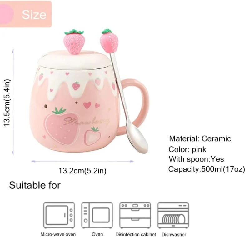 Pink Strawberry Mug With Lid & Spoon