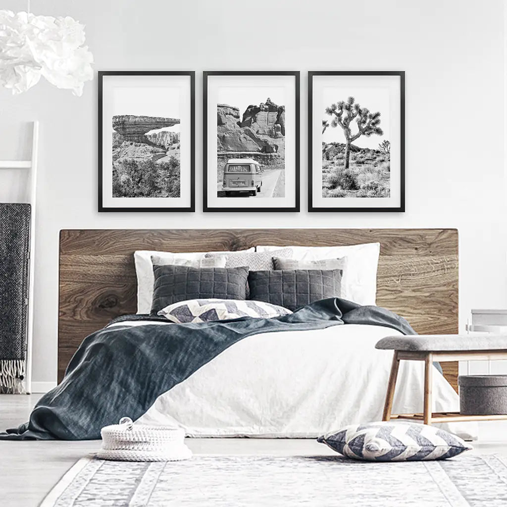 Black and White Desert Set of 3. Vintage Camper, Joshua Tree